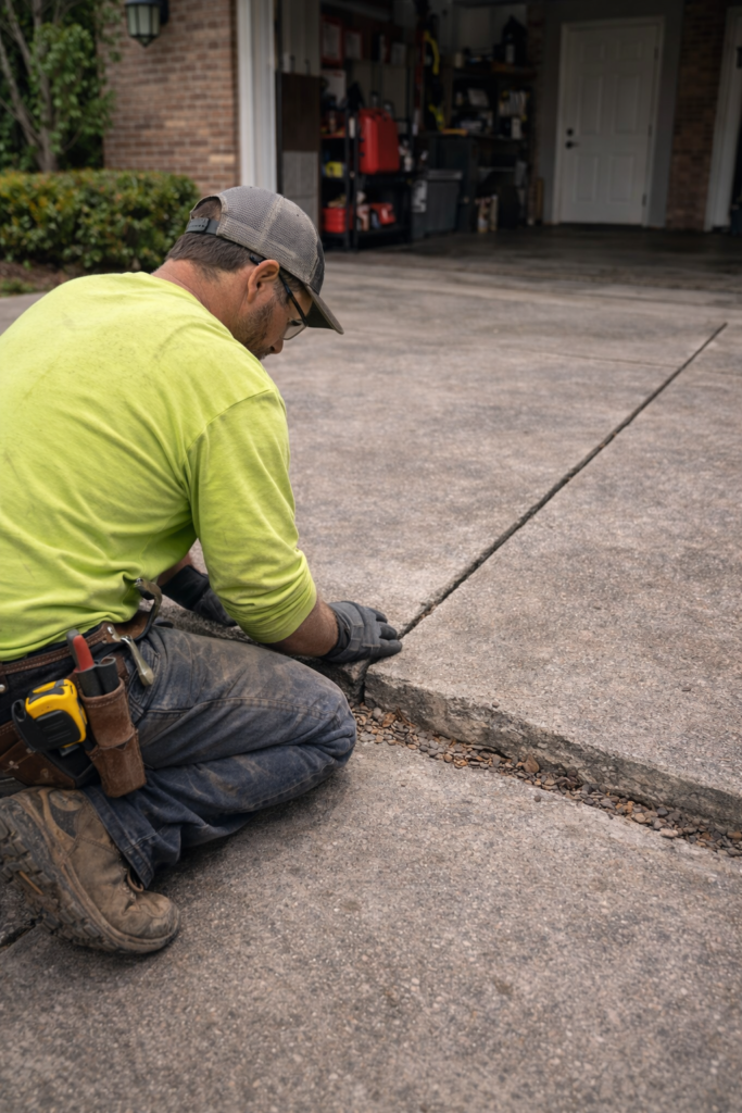 Patio Leveling contractor inspecting slab on driveway in mishawaka